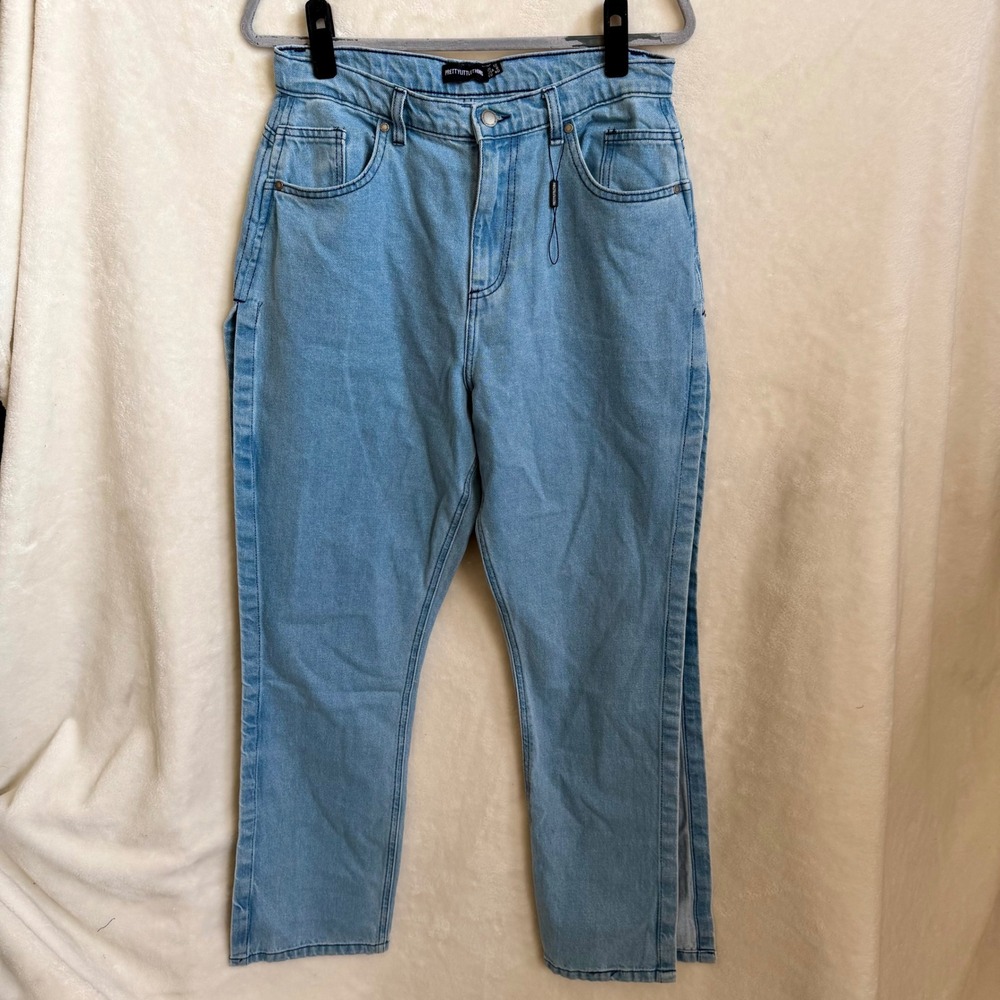 PrettyLittleThing Womens Light Blue Wash Split Hem Straight Leg Denim Jeans 8